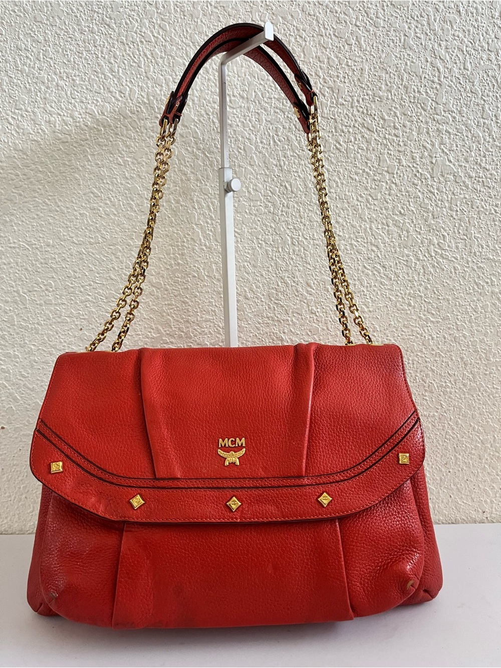 MCM leather studs orange shoulder bag